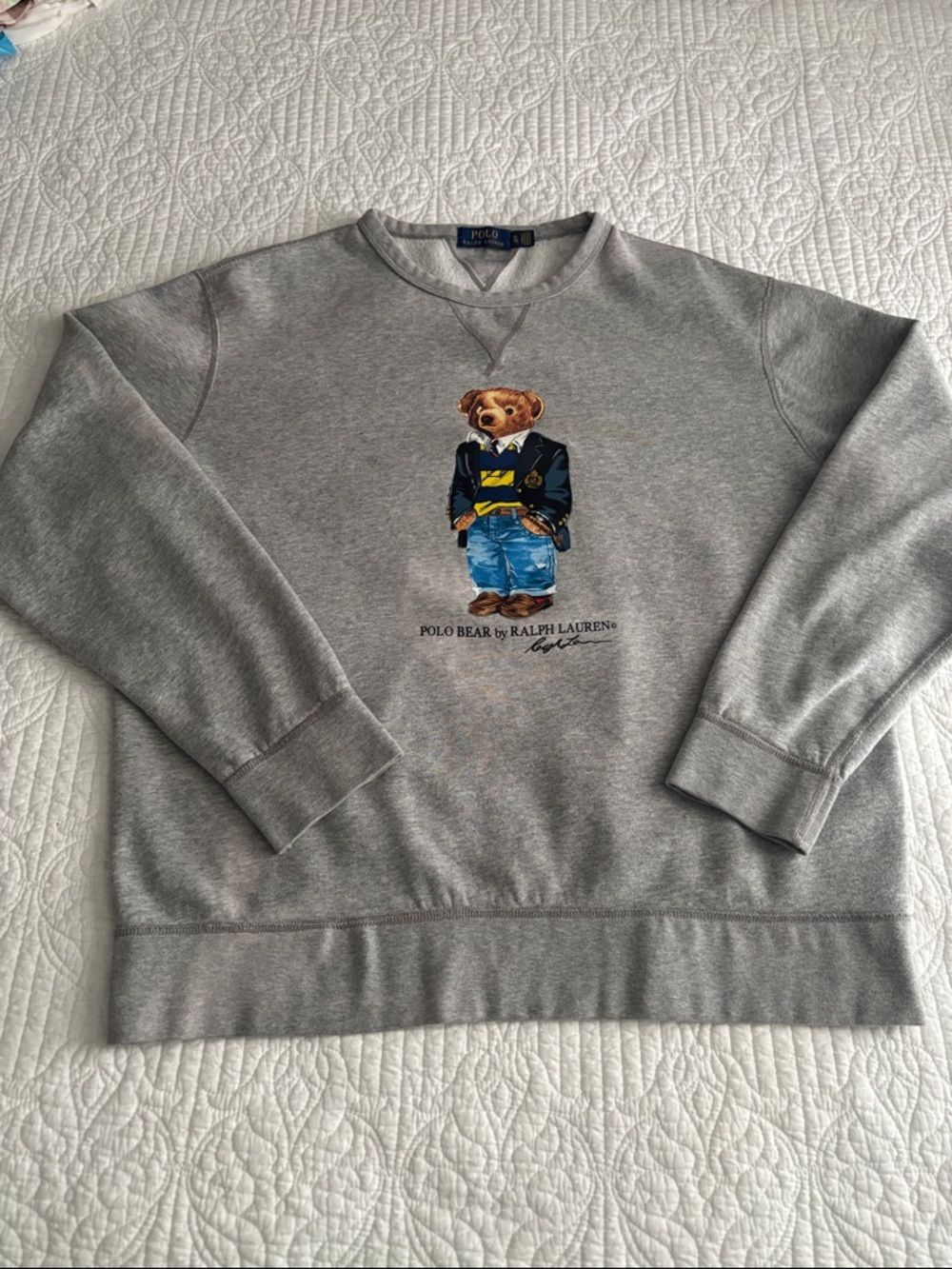 Polo Ralph Lauren Gray Polo Bear Fleece Crewneck Sweatshirt Blazer Jeans Size XL - Picture 16 of 16